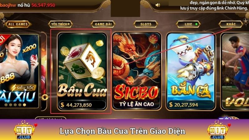 Lựa chọn bầu cua trên giao diện để đặt cược